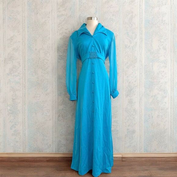 Vintage 1960s 1970s Angel Lace Dagger Prom Formal Dress Blue Large - Picture 1 of 6